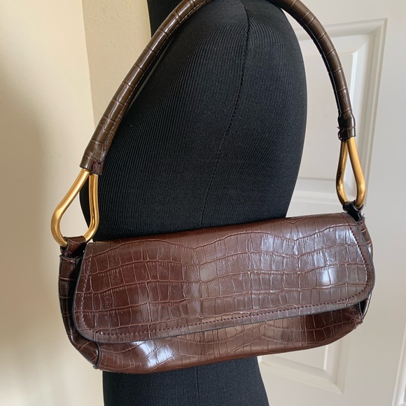 Bueno Handbags - Bueno Brown Croc Embossed Leather Gold Handbag